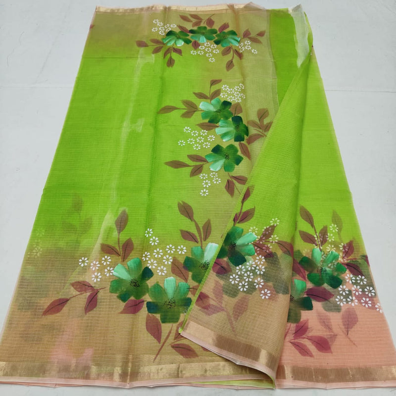 Pure Kota Cotton Brush Print Saree With Blouse.