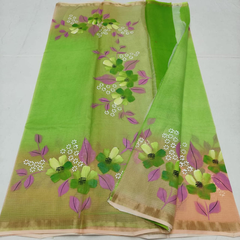 Pure Kota Cotton Brush Print Saree With Blouse.