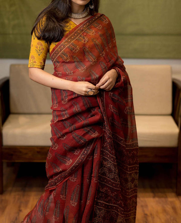 Soft Kota Silk Print Saree With Blouse.