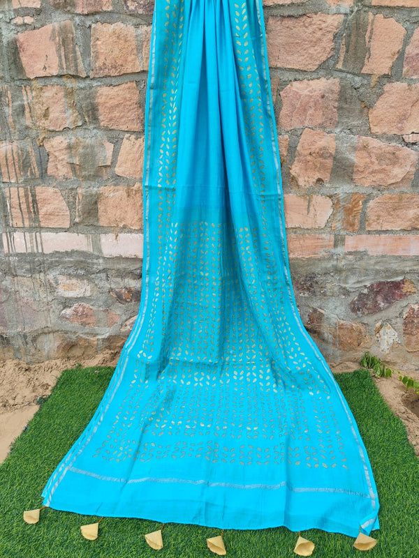 Pure Chanderi Silk Applique Work Saree With Blouse.