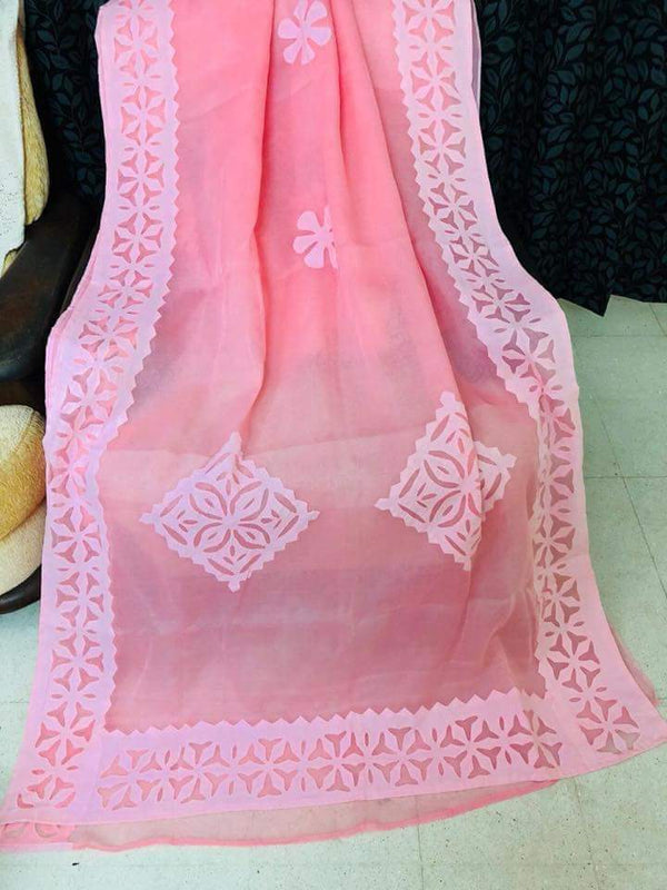 Pure Cotton Applique Work Saree With Blouse.