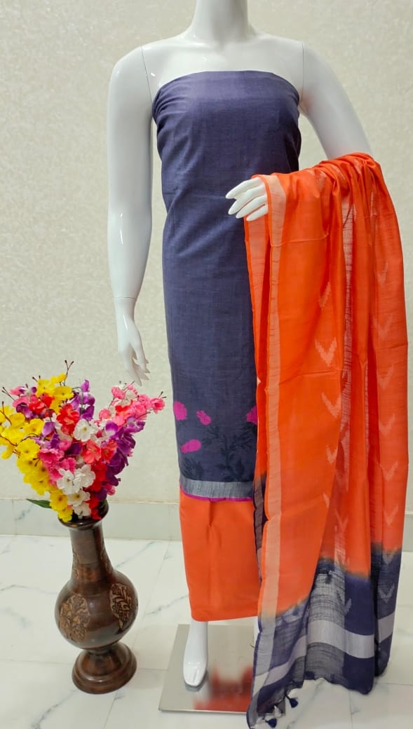 Cotton Linen Silk Flower Weaving Unstitched Suit .