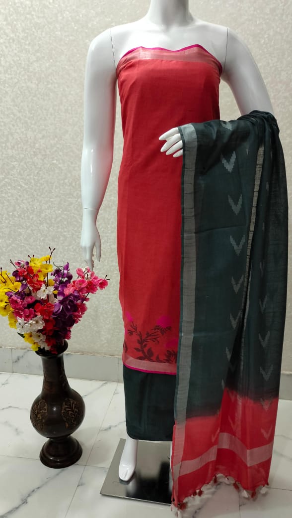 Cotton Linen Silk Flower Weaving Unstitched Suit .