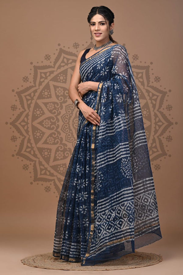 Soft Kota Silk Print Saree With Blouse.