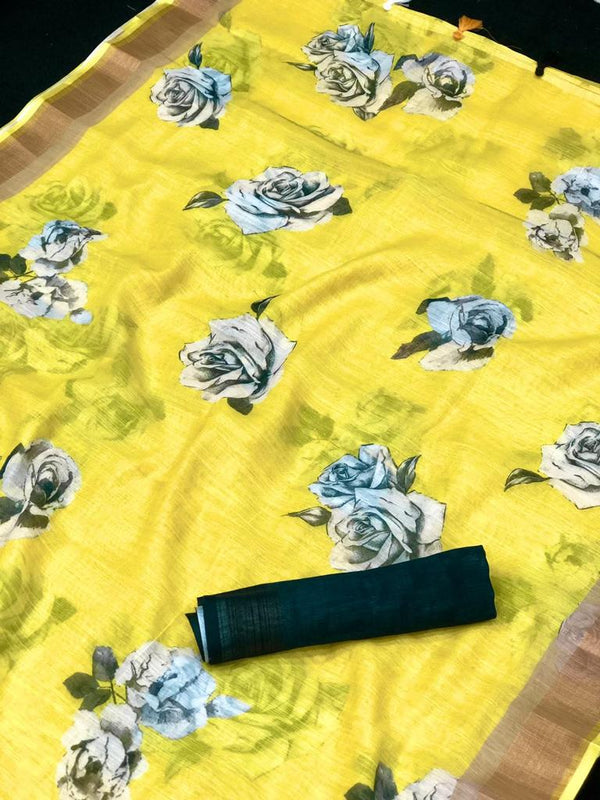 Pure Linen Silk Digital Print Saree With Blouse.