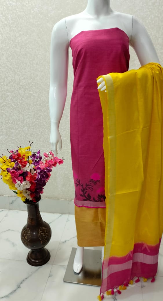 Cotton Linen Silk Flower Weaving Unstitched Suit .