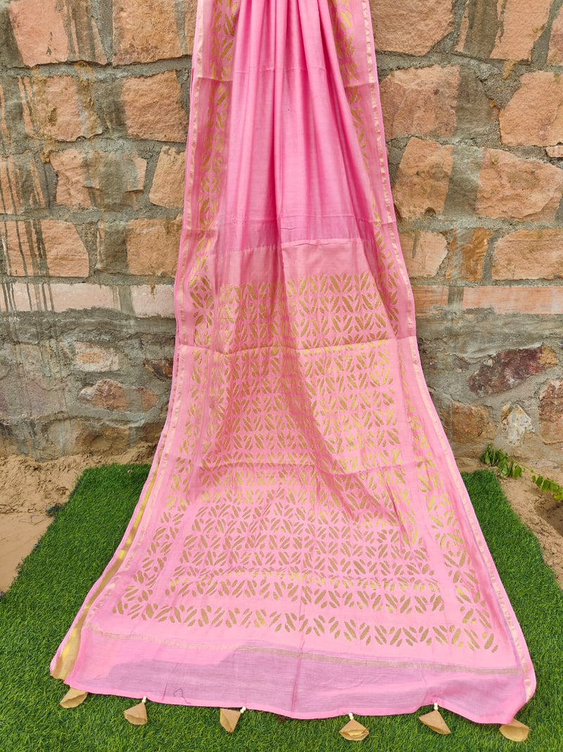 Pure Chanderi Silk Applique Work Saree With Blouse.