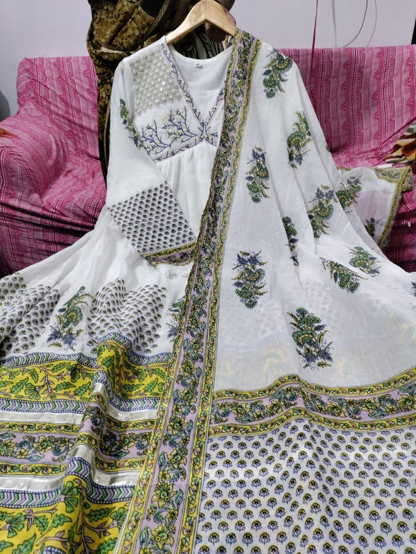 Pure Cotton Gown Dupatta Embroidery Work .