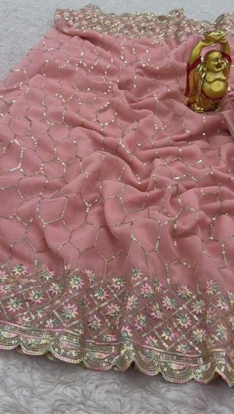 Georgette 3mm sequence and Multi color Thread And cut Work Border Saree.
